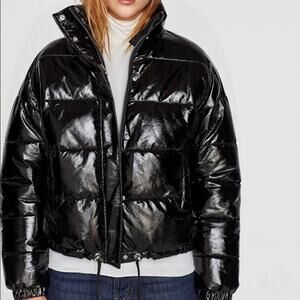 Zara Quilted Shiny Black Vinyl Puffer Jacket.